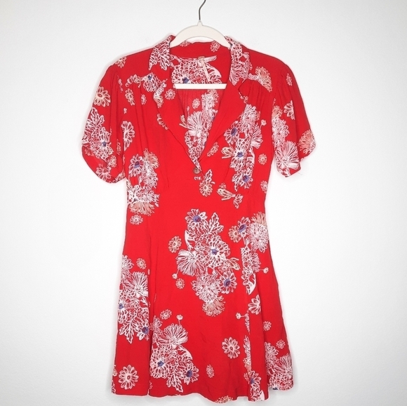 Free People Blue Hawaii Red Floral Print Short Sleeve Mini Dress S - Picture 5 of 8